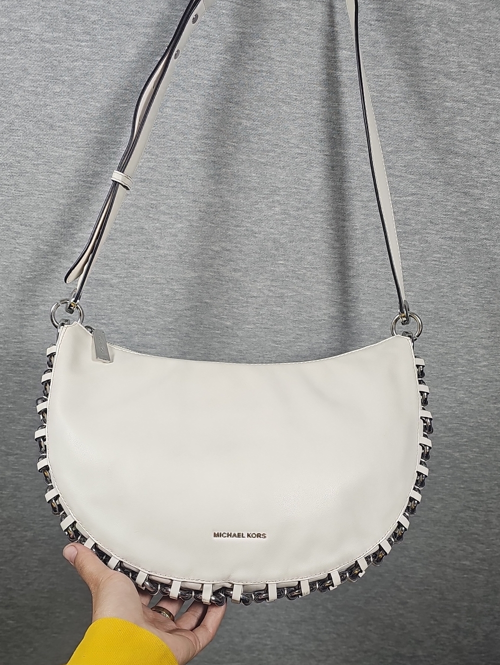 Michael Kors White Crescent Shoulder Bag with Chain-Trim